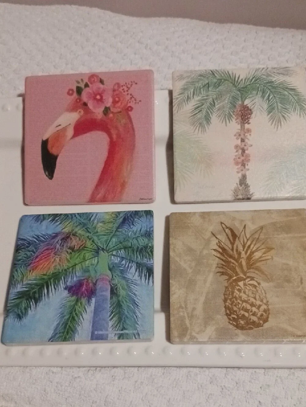 Gorgeous! Thirstystone🦩Pink Flamingo Palmtree🌴 Pineapple🍍 Tile Coaster Of 4